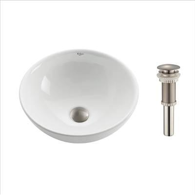 Soft Round Ceramic Vessel Bathroom Sink in White with Pop-Up Drain in Satin Nickel by Kraus