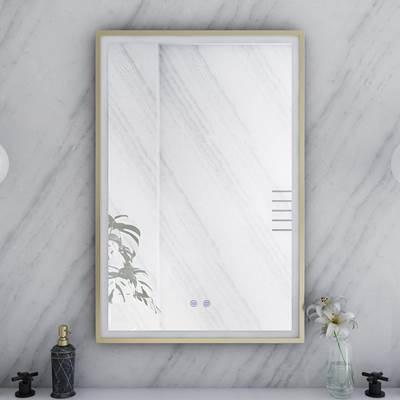 24 by 36 Inch Rectangle Lighted Mirror with Anti-Fog - Brushed Brass Frame
