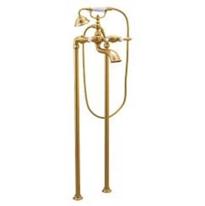 Brushed gold two-handle tub filler includes hand shower by Moen