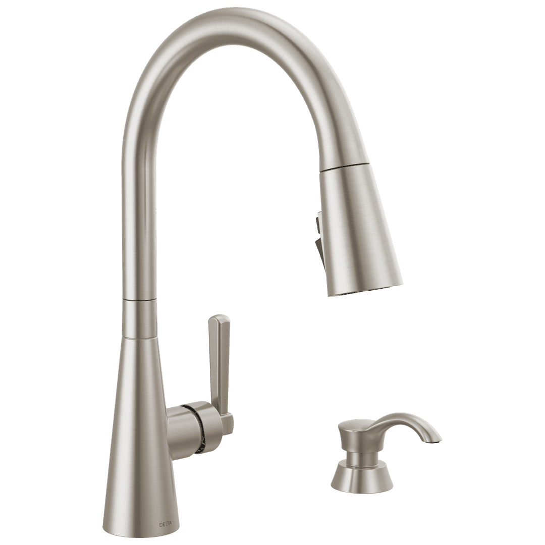 BoydE Single Handle Pull-Down Kitchen Faucet with Soap Dispenser and ShieldSpray Technology by Delta Faucet