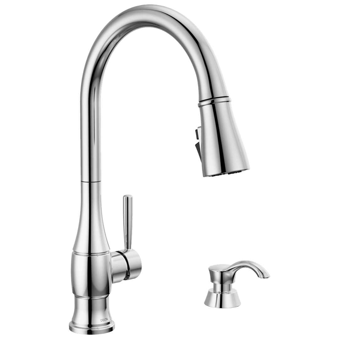 HazelwoodE Single Handle Pull-Down Kitchen Faucet with Soap Dispenser and ShieldSpray Technology - Chrome by Delta Faucet