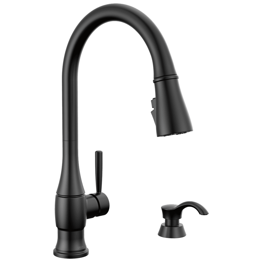 HazelwoodE Single Handle Pull-Down Kitchen Faucet with Soap Dispenser and ShieldSpray Technology - Matte Black by Delta Faucet