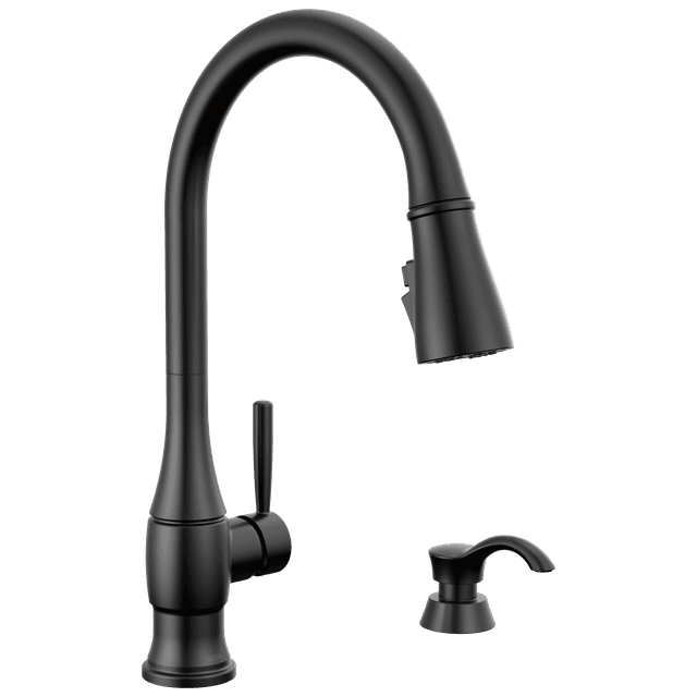 HazelwoodE Single Handle Pull-Down Kitchen Faucet with Soap Dispenser and ShieldSpray Technology - Matte Black