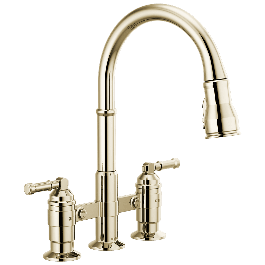 Broderick: Two Handle Pull-Down Bridge Kitchen Faucet by Delta Faucet