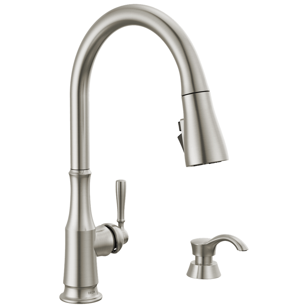 CaperteeE Single Handle Pull-Down Kitchen Faucet with Soap Dispenser and ShieldSpray Technology by Delta Faucet