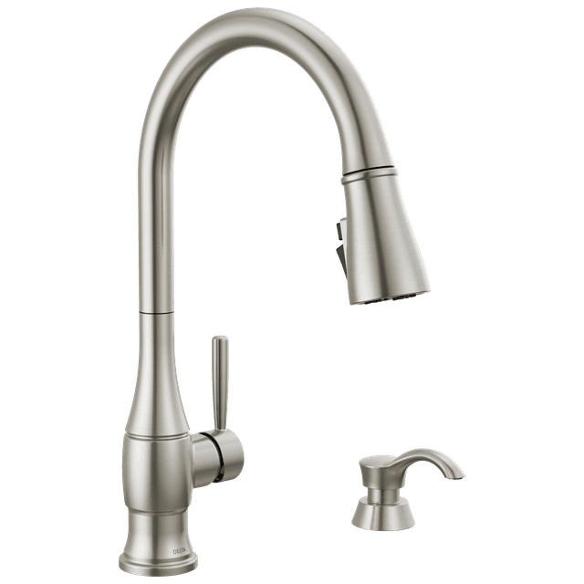 HazelwoodE Single Handle Pull-Down Kitchen Faucet with Soap Dispenser and ShieldSpray Technology - Spotshield Stainless