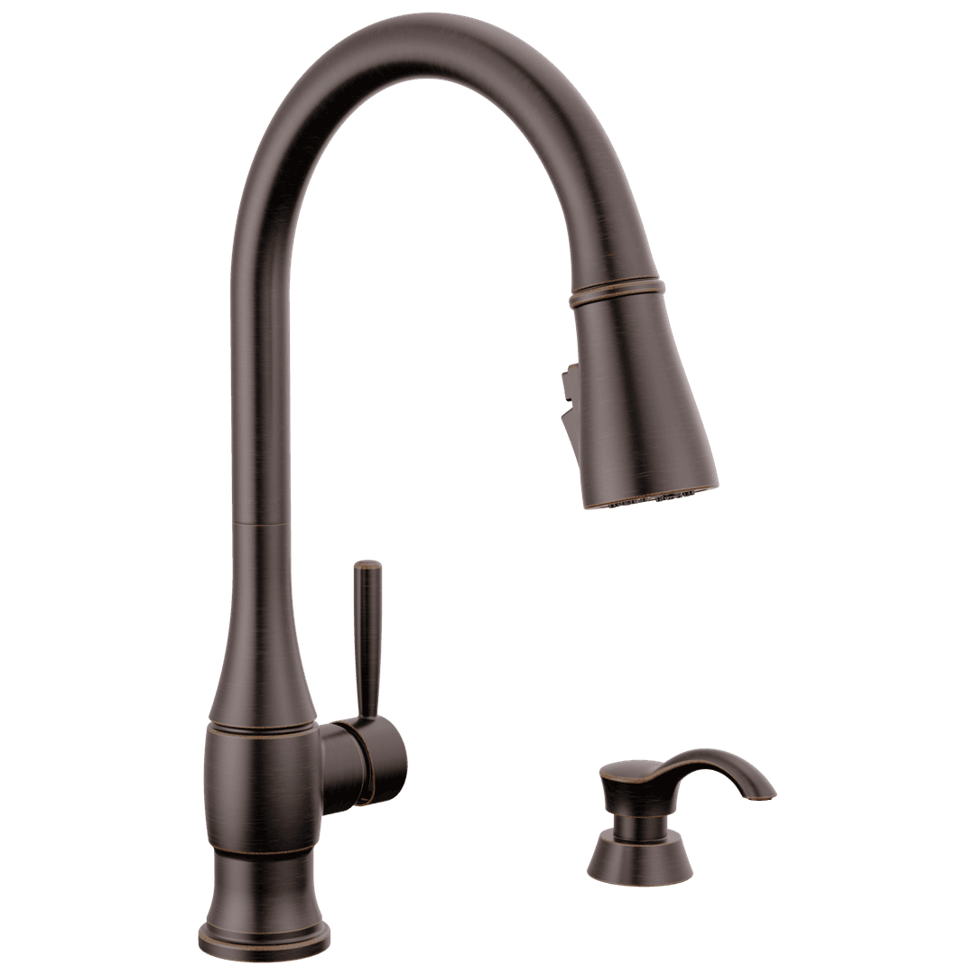 HazelwoodE Single Handle Pull-Down Kitchen Faucet with Soap Dispenser and ShieldSpray Technology - Venetian Bronze by Delta Faucet