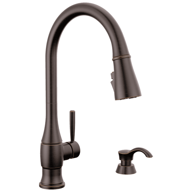 HazelwoodE Single Handle Pull-Down Kitchen Faucet with Soap Dispenser and ShieldSpray Technology - Venetian Bronze