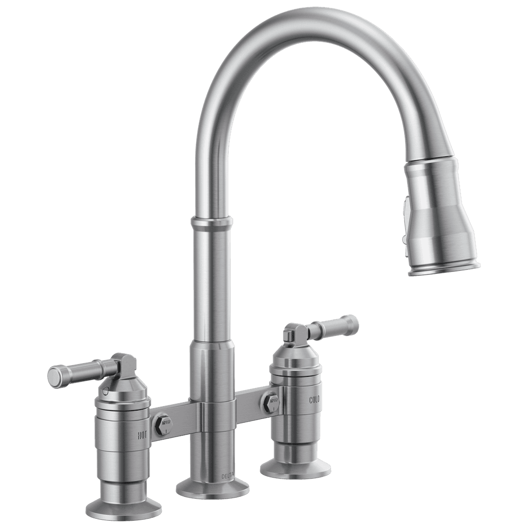 BroderickE Two Handle Pull-Down Bridge Kitchen Faucet by Delta Faucet
